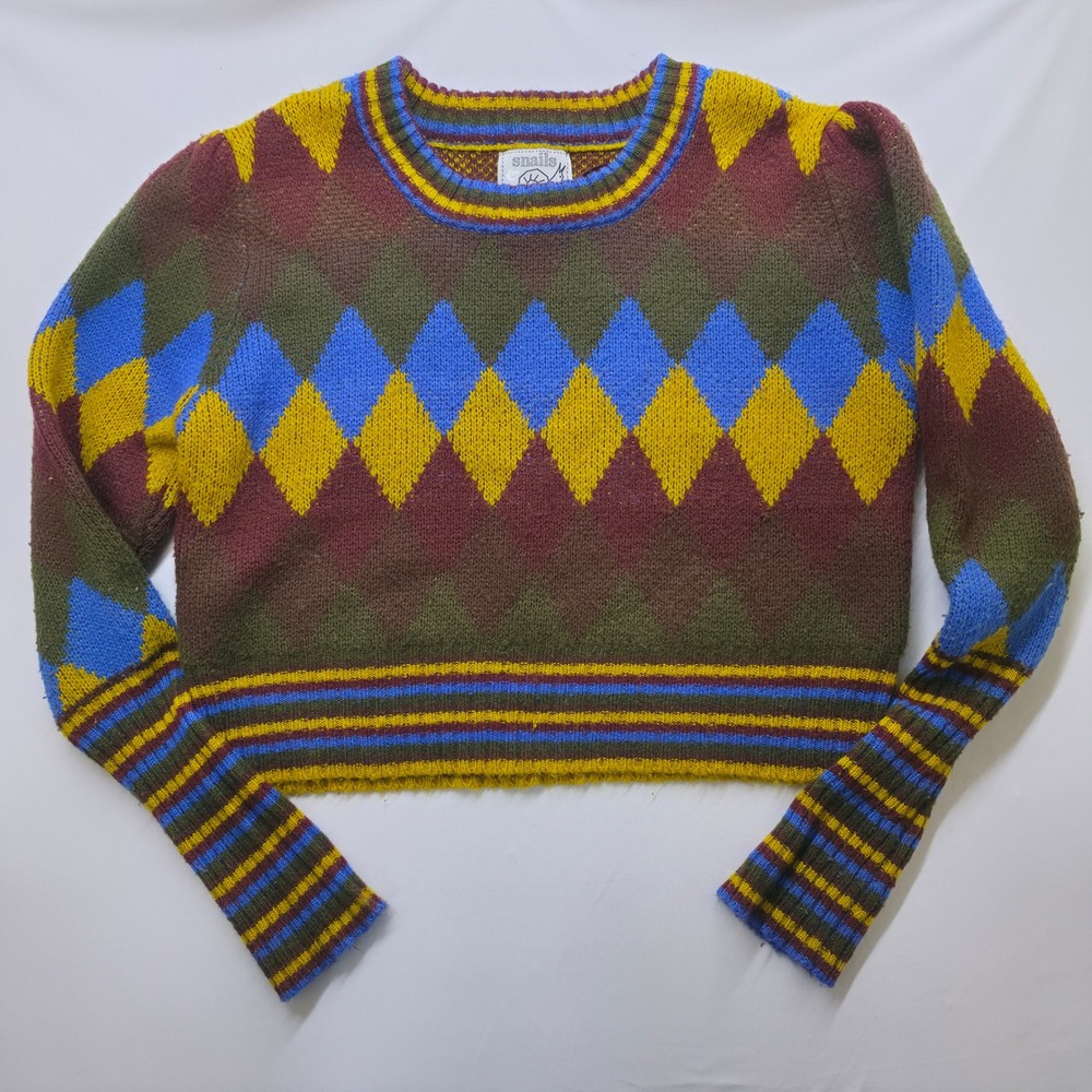 Snails Cinnamon Vintage Style Argyle Cropped Sweater XL Multicolor Knit Pullover
